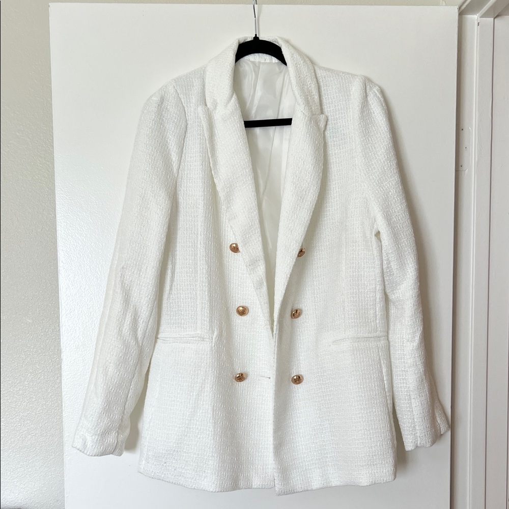 SHEIN White Textured Double-Breasted Blazer